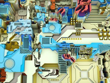 Yer Değiştirme Dünyası serisi. Bilim, modern teknoloji ve eğitim konularında soyut teknolojik örüntünün 3 boyutlu yorumlanması.