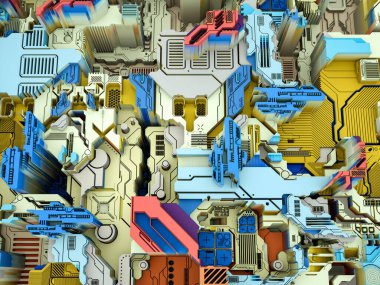 Yer Değiştirme Dünyası serisi. Bilim, modern teknoloji ve eğitim konularında soyut teknolojik örüntünün 3 boyutlu yorumlanması.