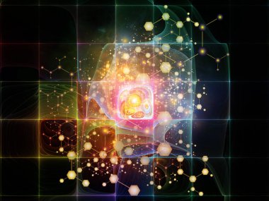 Moleküler yapı serisi. Soyut arkaplan üzerindeki soyut atomların bilim ve teknoloji konularındaki kristal ağa yerleştirilmesi.