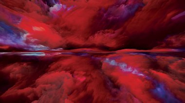 Ahiret Bulutları. Gerçekliğe Kaçış dizisi. Günbatımında gerçeküstü güneş ışığı renklerinden ve manzara resmi, hayal gücü, yaratıcılık ve sanatla ilgili dokulardan oluşan soyut bir tasarım.