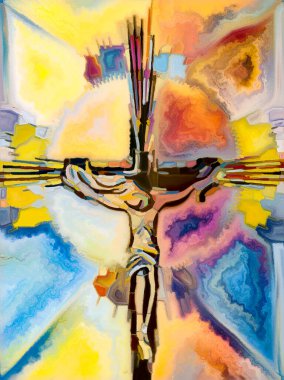 Renk inancı. Lekeli Camların Haçı serisi. İsa ve Doğa 'nın çarmıha gerilmesinin parçalanmış birliği üzerine tasarımları tamamlamak için organik kilise pencere deseni deseni.