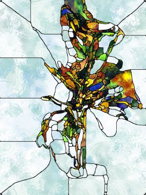 İnanç dokusu. Lekeli Camların Haçı serisi. İsa ve Doğa 'nın çarmıha gerilmesinin parçalanmış birliği üzerine çalışmalar için organik kilise pencere deseninin görsel olarak memnun edici bileşimi