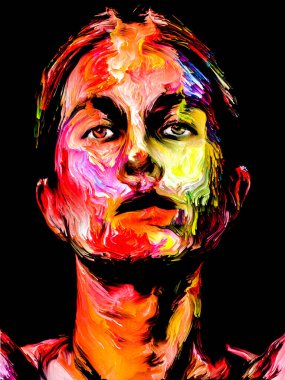 Renk serisi insanları. Yaratıcılık, hayal gücü ve sanat konularında genç bir kadının renkli ve soyut portresi.