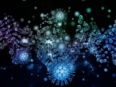 Coronavirus Gerçekliği. Viral Salgın Serisi. Koronavirüs parçacıkları ve mikro uzay elementlerinin virüs, salgın hastalık, enfeksiyon, hastalık ve sağlıkla ilişkili 3D çizimi