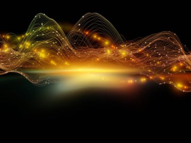 Sanal Evren. Sanal Dalga serisi. Veri transferi, sanal, yapay, matematiksel gerçeklik üzerine çalışmalar için yatay sinüs dalgaları ve ışık parçacıklarının arkaplan tasarımı.
