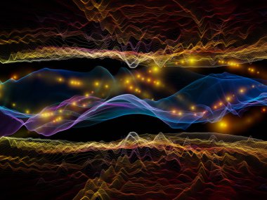 Uzay Mantığı. Sanal Dalga serisi. Veri transferi, sanal, yapay, matematiksel gerçeklik üzerine çalışmalar için yatay sinüs dalgaları ve ışık parçacıklarının görsel olarak memnun edici bileşimi.