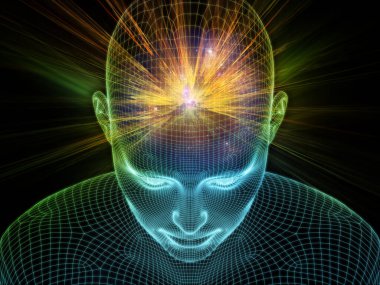 Dijital boşluk. Bilinçli Zihin serisi. Yapay zeka, insan bilinci ve ruhani yapay zekanın metaforu olarak parlayan tel örgü insan yüzünün üç boyutlu bir tasarımı.