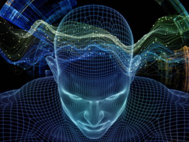 Parlak Rüyalar. Bilinçli Zihin serisi. Yapay zeka, insan bilinci ve ruhsal yapay zeka konularında 3 boyutlu parlayan tel insan yüzünü soyutlaması