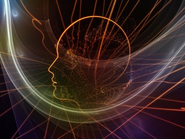 İnsan Zihni serisinin yörüngeleri. Yüz siluetlerinin etkileşimi, zihin, bilinç, zeka ve eğitim konularındaki fraktal ve çizgi desenleri.