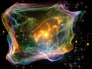 Ağ Tesadüfçülüğü serisi. Modern teknoloji ve bilimsel araştırma konularında organik fraktal geometri, ağ çizgileri ve ışıkların etkileşimi.