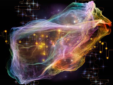 Ağ Tesadüfçülüğü serisi. Modern teknoloji ve bilimsel araştırma konularında organik fraktal geometri, ağ çizgileri ve ışıkların etkileşimi.