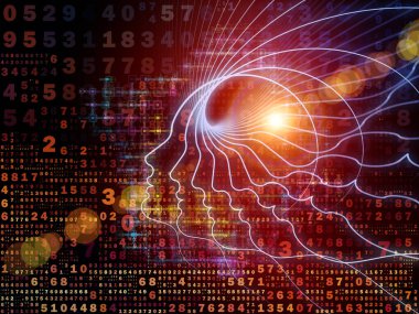 Zihin serisinin doğuşu. Genel yapay zeka ve modern teknoloji üzerine insan kafası siluetleri ve sayı şebekelerinin arka planı.