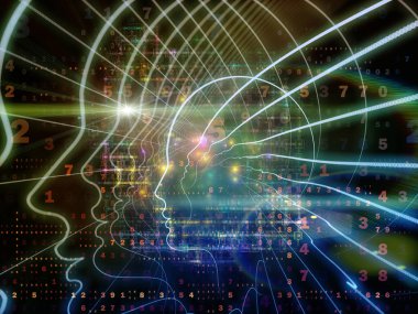 Zihin serisinin doğuşu. Genel yapay zeka ve modern teknoloji üzerine insan kafası siluetleri ve sayı şebekelerinin arka planı.