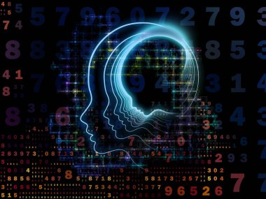 Zihin serisinin doğuşu. Genel yapay zeka ve modern teknoloji üzerine insan kafası siluetleri ve sayı şebekelerinin arka planı.