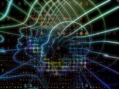 Zihin serisinin doğuşu. Genel yapay zeka ve modern teknoloji üzerine insan kafası siluetleri ve sayı şebekelerinin arka planı.