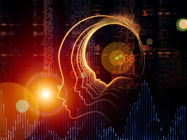 Zihin serisinin doğuşu. Genel yapay zeka ve modern teknoloji üzerine insan kafası siluetleri ve sayı şebekelerinin arka planı.