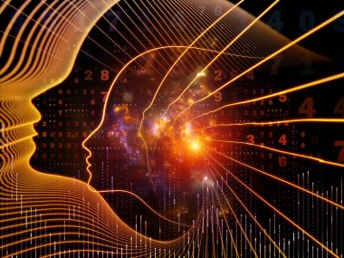 Zihin serisinin doğuşu. Genel yapay zeka ve modern teknoloji üzerine insan kafası siluetleri ve sayı şebekelerinin arka planı.