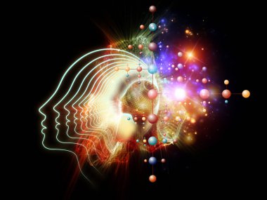 Zihin Anıtı serisi. Zeka, teknoloji, bilim ve eğitim konularındaki moleküler yapıların, ışıkların ve insan çizgilerinin etkileşimi