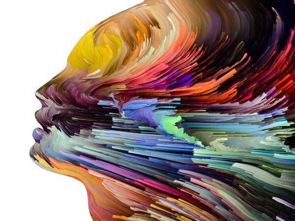 Disturbing Thoughts series. Dark paint in motion inside human face silhouette. Artwork on the subject of inner world, mind, psychology, depression, anxiety, mental illness, creativity and abstract art.