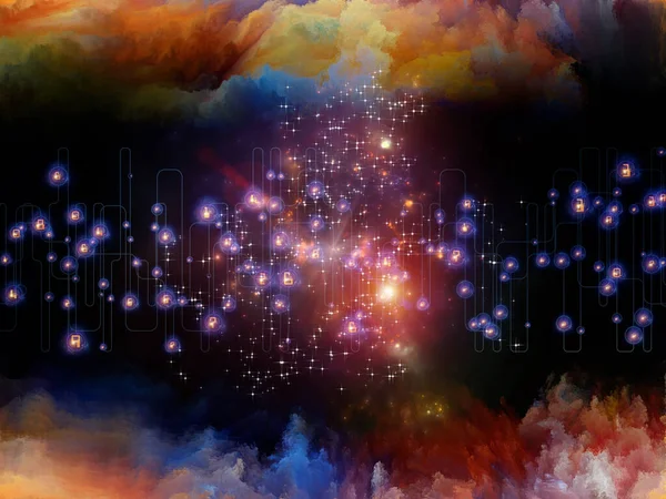 Composición Abstracta Nebulosa Fractal Red Virtual Luces Sobre Tema Tecnología —  Fotos de Stock