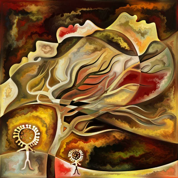 Virüs serisini girin. Enfeksiyon, ölüm, ölüm, şiir ve ruhani boyut konularında tarih öncesi petrogliflerin, insan, kuğu ve viral siluetlerin dramatik kompozisyonu.