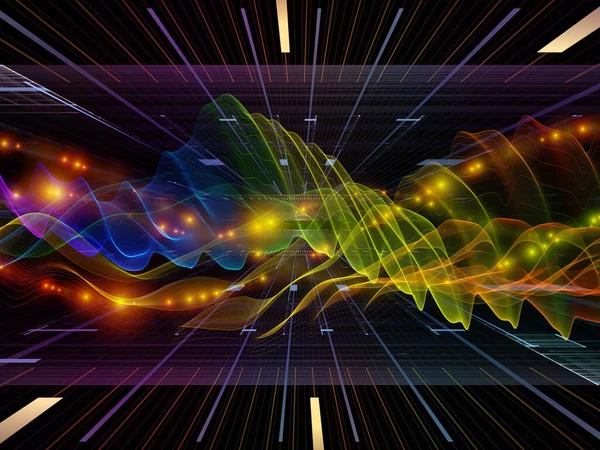 数字世界 数字世界 虚拟浪潮系列 用于数据传输项目的水平正弦波和光粒子的背景 虚拟的 人工的 数学的现实 — 图库照片