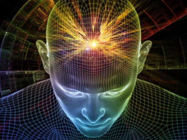 Bright Dreams .  Lucid Mind series. Background design of 3D rendering of glowing wire mesh human face on the subject of artificial intelligence, human consciousness and spiritual AI