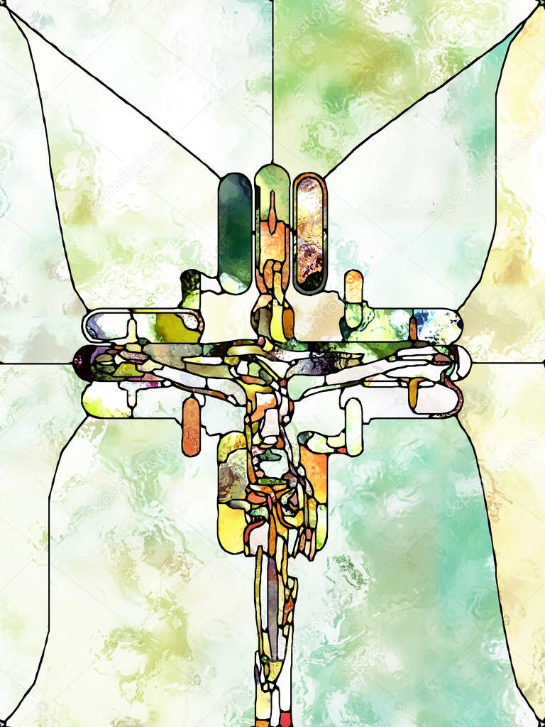 Broken Light. Cross of Stained Glass series. Visually attractive backdrop made of organic church window color pattern suitable in layouts on fragmented unity of Crucifixion of Christ and Nature