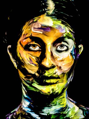 Parlak Bayan. Yüz boyama serisi. Yaratıcılık, hayal gücü, resim ve görsel sanatlar konusu için siyah tuval üzerinde genç bir kadının renkli portresinin kompozisyonu