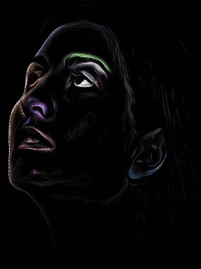 Kişilik Çalışmaları serisi. Siyah arka planda genç bir kadının yüzü sanat, şiir ve tiyatro projelerinde kullanılmak üzere Stippling Image Technique ile idam edildi..