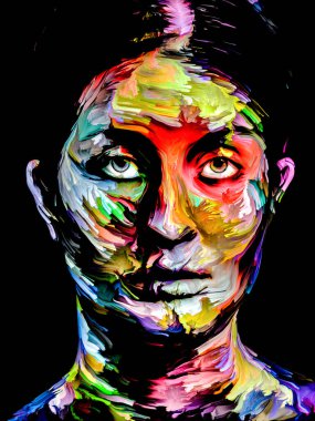 Parlak Bayan. Yüz boyama serisi. Yaratıcılık, hayal gücü, resim ve görsel sanatlar konusu için siyah tuval üzerinde genç bir kadının renkli portresinin kompozisyonu