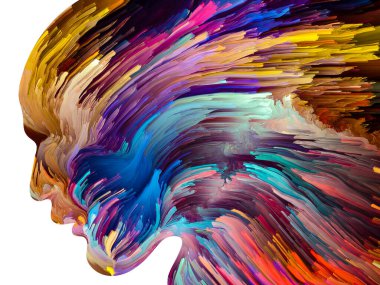 Rahatsız edici Düşünceler serisi. Sıvı boya insan yüzü siluetinde hareket halinde. İç dünya, zihin, psikoloji, depresyon, anksiyete, zihinsel hastalık, yaratıcılık ve soyut sanat konularındaki sanat çalışmaları.