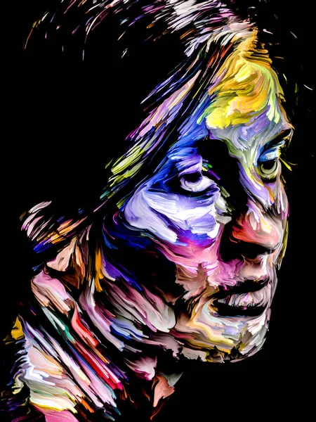 Canlı bir kadın. Yüz boyama serisi. Yaratıcılık, hayal gücü, resim ve görsel sanat teması üzerine siyah tuval üzerinde genç bir kadının renkli portresinin düzenlenmesi