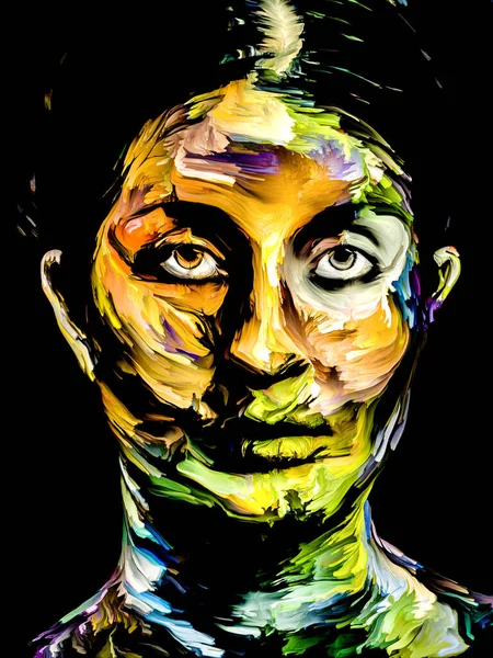 Parlak Bayan. Yüz boyama serisi. Yaratıcılık, hayal gücü, resim ve görsel sanatlar konusu için siyah tuval üzerinde genç bir kadının renkli portresinin kompozisyonu