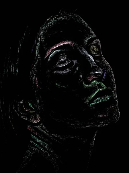 Kişilik Çalışmaları serisi. Siyah arka planda genç bir kadının yüzü sanat, şiir ve tiyatro projelerinde kullanılmak üzere Stippling Image Technique ile idam edildi..