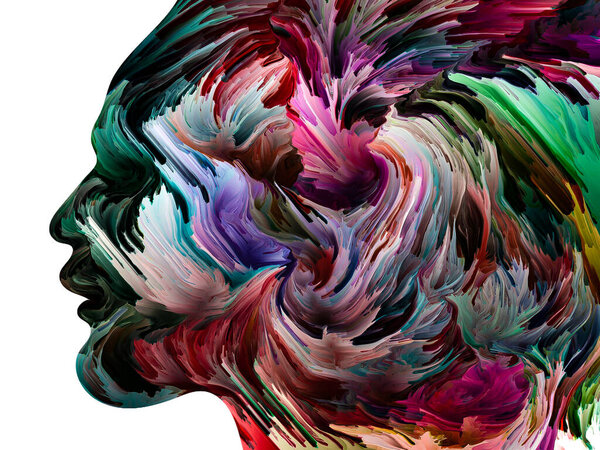 Disturbing Thoughts series. Liquid paint in motion inside human face silhouette. Artwork on the subject of inner world, mind, psychology, depression, anxiety, mental illness, creativity and abstract art.