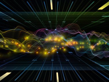 Uzayda aktarım. Sanal Dalga serisi. Veri transferi, sanal, yapay, matematiksel gerçeklik için yatay sinüs dalgalarının ve ışık parçacıklarının 3D görüntülenmesi.