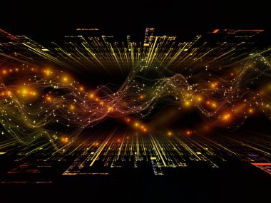 Uzayda veri. Sanal Dalga serisi. Veri transferi, sanal, yapay, matematiksel gerçeklik projeleri için yatay sinüs dalgaları ve ışık parçacıklarından oluşan arkaplan.