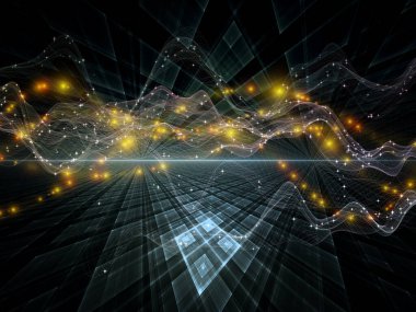 Uzayda veri. Sanal Dalga serisi. Veri transferi, sanal, yapay, matematiksel gerçeklik konularındaki yatay sinüs dalgaları ve ışık parçacıklarından oluşan tasarım.