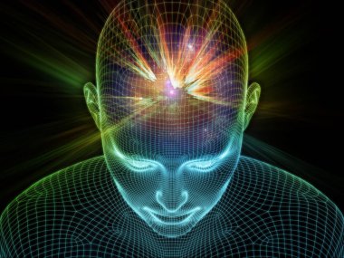 Dijital boşluk. Bilinçli Zihin serisi. Yapay zeka, insan bilinci ve ruhani yapay zekanın metaforu olarak parlayan tel örgü insan yüzünün üç boyutlu bir tasarımı.