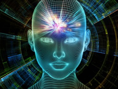 Parlak Düşünce. Bilinçli Zihin serisi. Parlayan kablonun 3 boyutlu görüntülenmesi yapay zeka, insan bilinci ve manevi yapay zeka ile ilişkili insan yüzü.