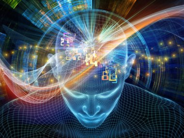 Dijital Düşünceler. Bilinçli Zihin serisi. Parlayan kablonun 3 boyutlu görüntülenmesi yapay zeka, insan bilinci ve ruhani yapay zeka projelerinde kullanılmak üzere insan yüzünü örgüler.