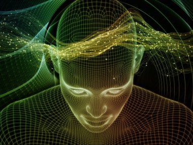 İç Işık. Bilinçli Zihin serisi. Yapay zeka, insan bilinci ve ruhani yapay zeka projeleri için 3 boyutlu parlayan tel örgü insan yüzü oluşturma arkaplanı