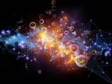 Gelecek Bağlantı serisi. Ağ hatlarının, ışıkların ve sembollerin modern teknoloji, ağ oluşturma, telekomünikasyon ve bilim konularındaki karanlık arkaplan ile etkileşimi.