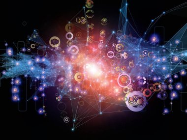 Gelecek Bağlantı serisi. Ağ hatlarının, ışıkların ve sembollerin modern teknoloji, ağ oluşturma, telekomünikasyon ve bilim konularındaki karanlık arkaplan ile etkileşimi.