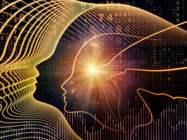 Zihin serisinin doğuşu. Genel yapay zeka ve modern teknoloji üzerine insan kafası siluetleri ve sayı şebekelerinin arka planı.