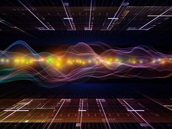 Uzay Sinyali. Sanal Dalga serisi. Veri transferi teması üzerine yatay sinüs dalgaları ve ışık parçacıklarının düzenlenmesi, sanal, yapay, matematiksel gerçeklik.