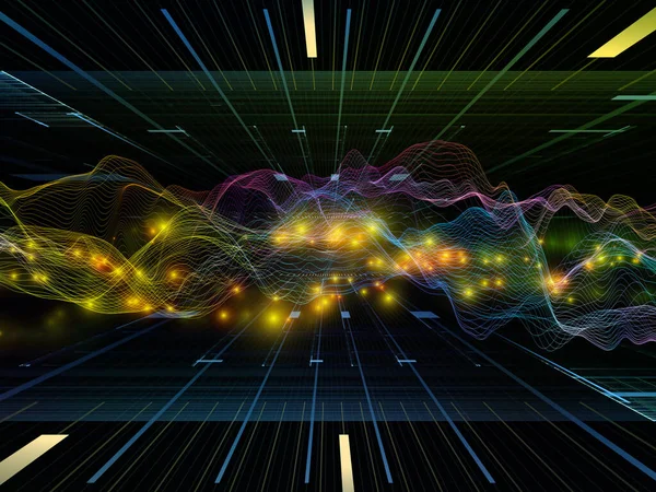 Uzayda aktarım. Sanal Dalga serisi. Veri transferi, sanal, yapay, matematiksel gerçeklik için yatay sinüs dalgalarının ve ışık parçacıklarının 3D görüntülenmesi.