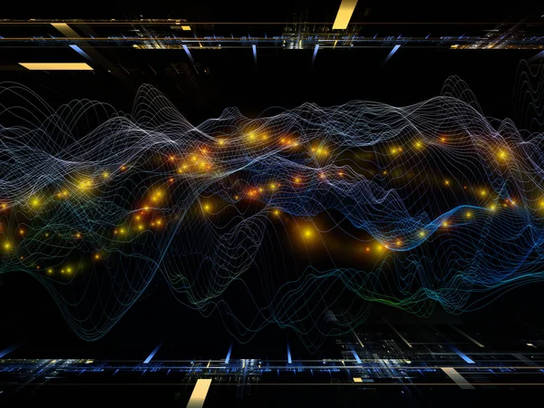 Uzay Mantığı. Sanal Dalga serisi. Veri transferiyle ilgili yatay sinüs dalgaları ve ışık parçacıklarının 3 boyutlu görüntülenmesi, sanal, yapay, matematiksel gerçeklik.