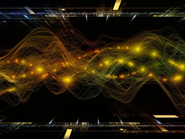 Dijital Dünyalar. Sanal Dalga serisi. Veri transferi, sanal, yapay, matematiksel gerçeklik projelerinde kullanılacak yatay sinüs dalgaları ve ışık parçacıklarının arkaplanı.